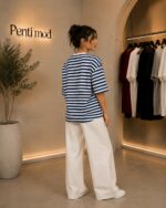 تیشرت باکسی راه راه آستین سه ربع سرمه ای - Image 2