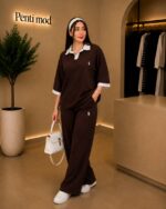 ست پلوشرت و شلوار قهوه ای زنانه