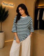 تیشرت باکسی راه راه آستین سه ربع سبز زنانه - Image 3