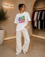 تیشرت فلامینگو باکسی سفید زنانه - Image 2