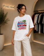 تیشرت فلامینگو باکسی سفید زنانه