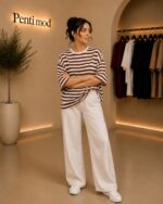 تیشرت راه راه آستین سه ربع شکلاتی زنانه - Image 2