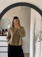 شومیز یقه ایستاده کرم خاکی زنانه