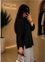 شومیز سیلک بغل دکمه مشکی زنانه - Image 3
