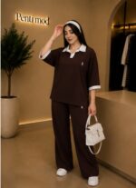 ست پلوشرت و شلوار قهوه ای زنانه - Image 3