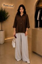 شومیز سیک بغل دکمه قهوه ای زنانه - Image 2