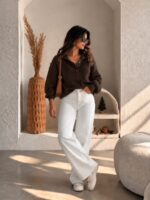 بافت پولوشرت ۳ دکمه جودون قهوه ای زنانه - Image 2